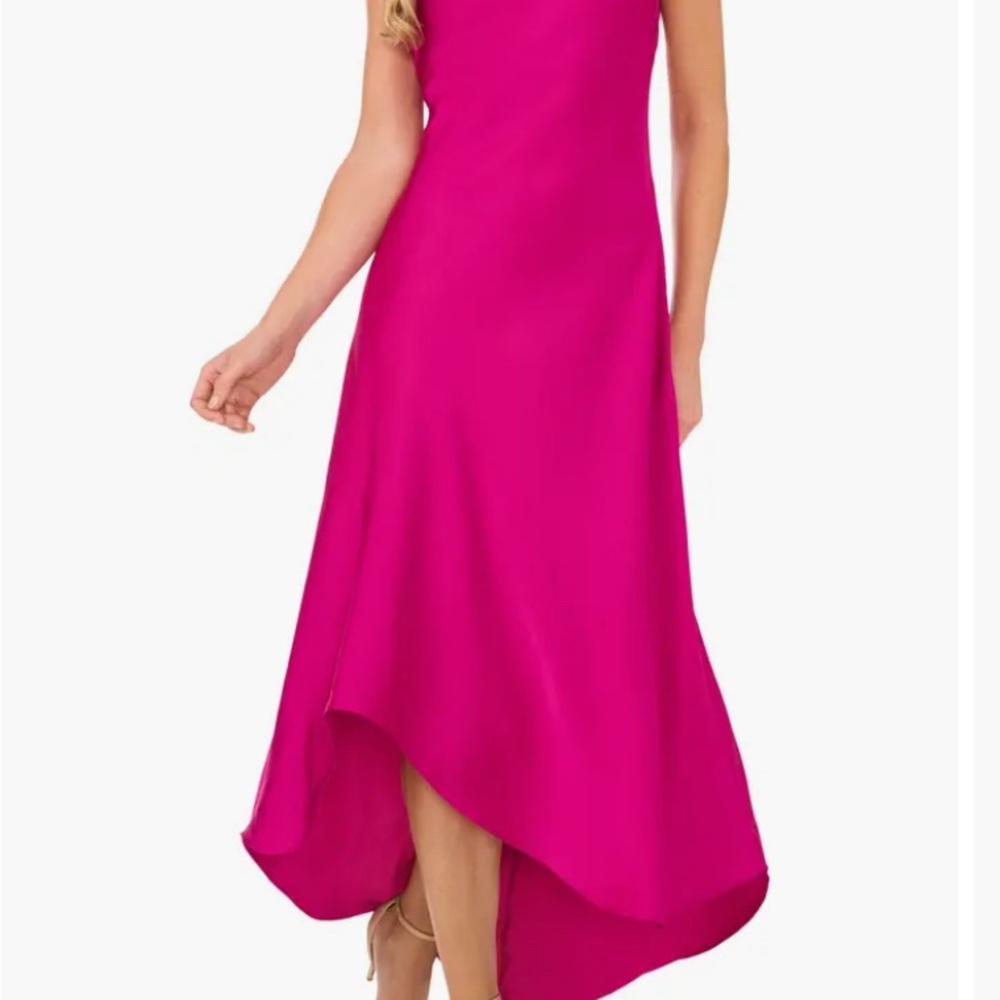 Fuschia/pink satin  Halter  High Low Sleeveless A-Line Dress for Wedding Guest